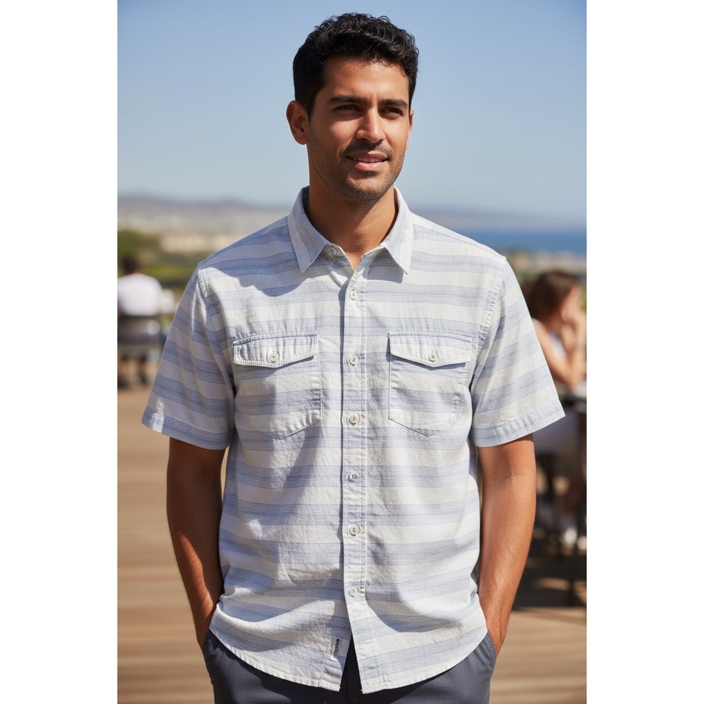 Paper Denim Cloth Men's Short Sleeve‎ Striped Button Up Shirt Casual Size M